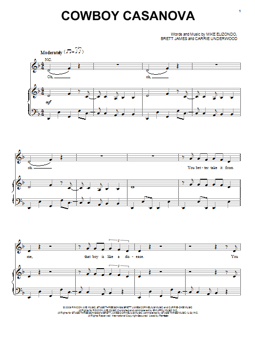 Carrie Underwood Cowboy Casanova sheet music notes and chords arranged for Piano, Vocal & Guitar Chords (Right-Hand Melody)