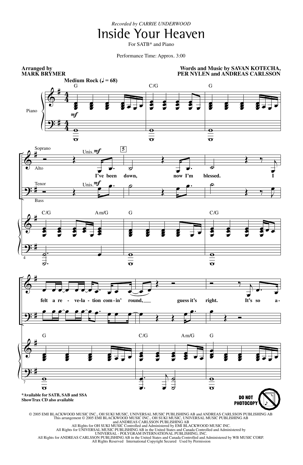 Carrie Underwood Inside Your Heaven (arr. Mark Brymer) sheet music notes and chords arranged for SATB Choir