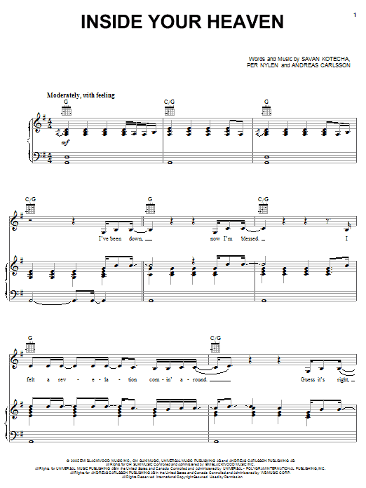 Carrie Underwood Inside Your Heaven sheet music notes and chords arranged for Piano, Vocal & Guitar Chords (Right-Hand Melody)