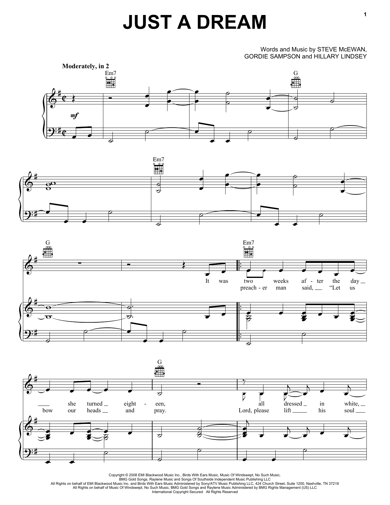 Carrie Underwood Just A Dream sheet music notes and chords arranged for Piano, Vocal & Guitar Chords (Right-Hand Melody)