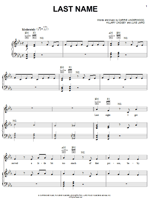 Carrie Underwood Last Name sheet music notes and chords arranged for Piano, Vocal & Guitar Chords (Right-Hand Melody)