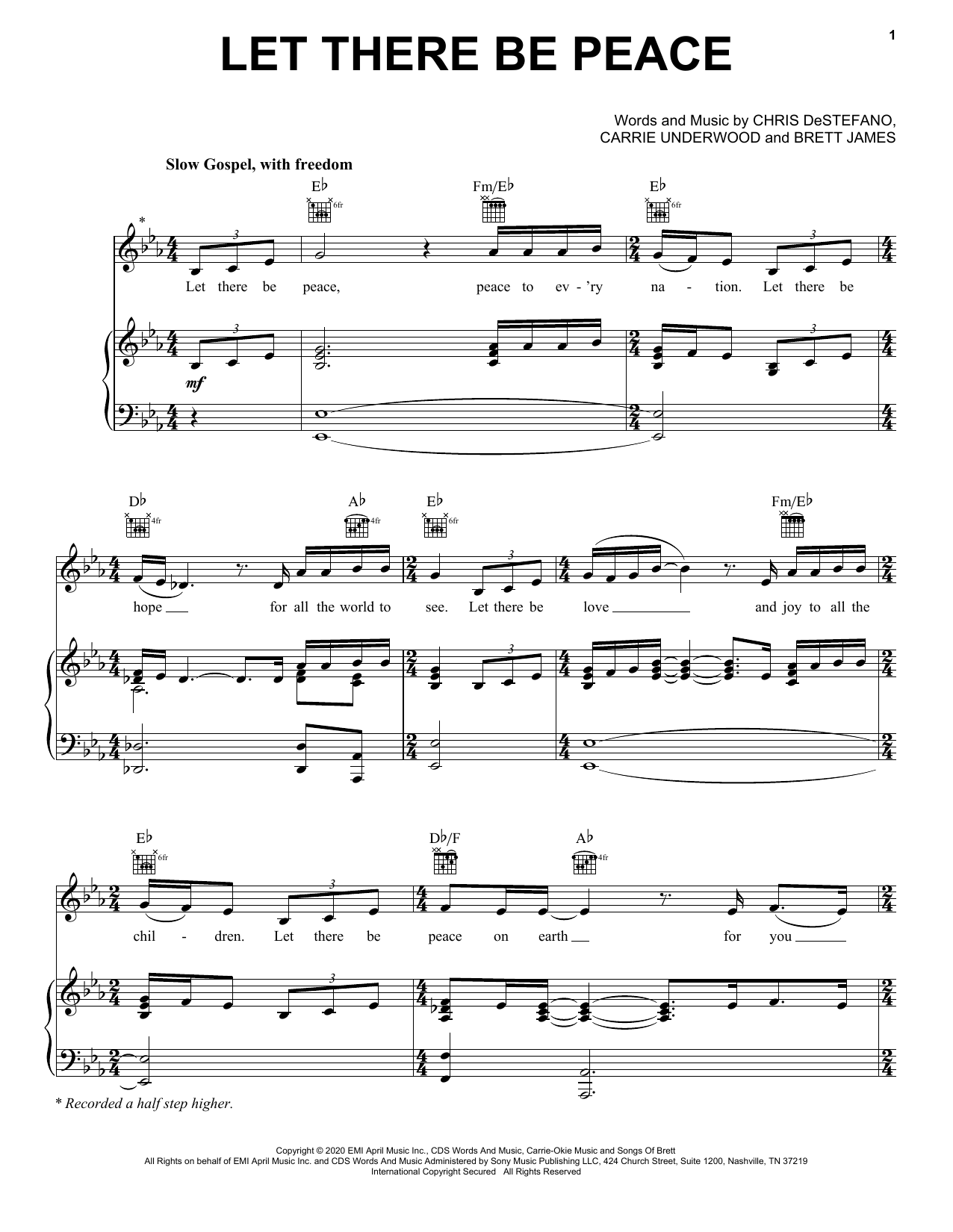 Carrie Underwood Let There Be Peace sheet music notes and chords arranged for Piano, Vocal & Guitar Chords (Right-Hand Melody)