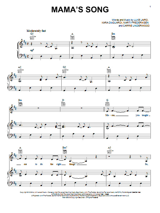 Carrie Underwood Mama's Song sheet music notes and chords arranged for Piano, Vocal & Guitar Chords (Right-Hand Melody)