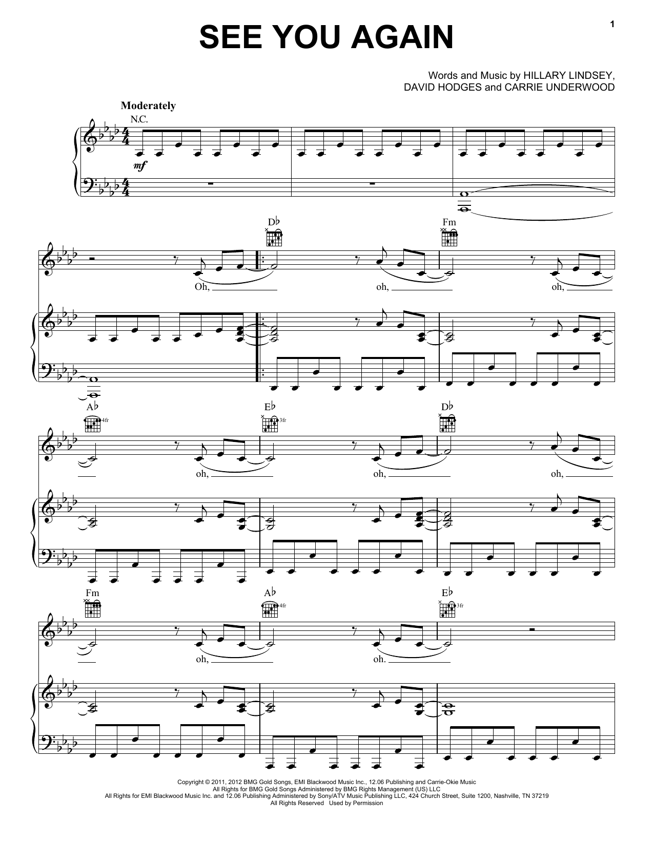 Carrie Underwood See You Again sheet music notes and chords arranged for Piano, Vocal & Guitar Chords (Right-Hand Melody)