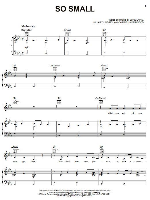 Carrie Underwood So Small sheet music notes and chords arranged for Piano, Vocal & Guitar Chords (Right-Hand Melody)