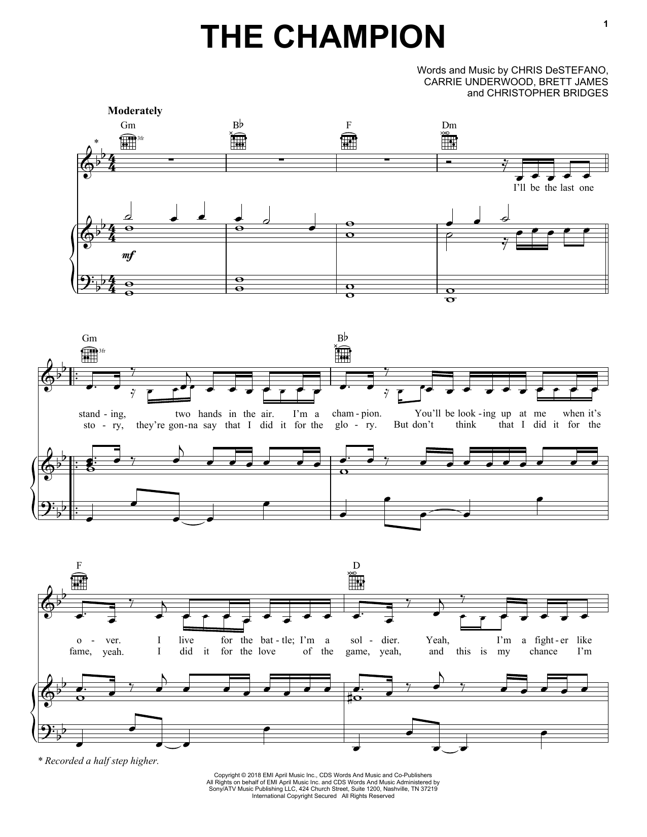 Carrie Underwood The Champion sheet music notes and chords arranged for Piano, Vocal & Guitar Chords (Right-Hand Melody)