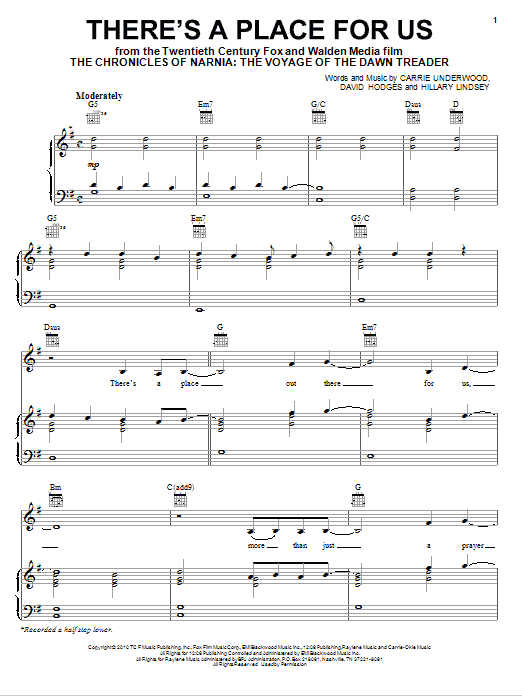 Carrie Underwood There's A Place For Us sheet music notes and chords arranged for Piano, Vocal & Guitar Chords (Right-Hand Melody)