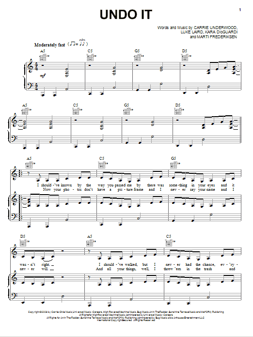 Carrie Underwood Undo It sheet music notes and chords arranged for Piano, Vocal & Guitar Chords (Right-Hand Melody)
