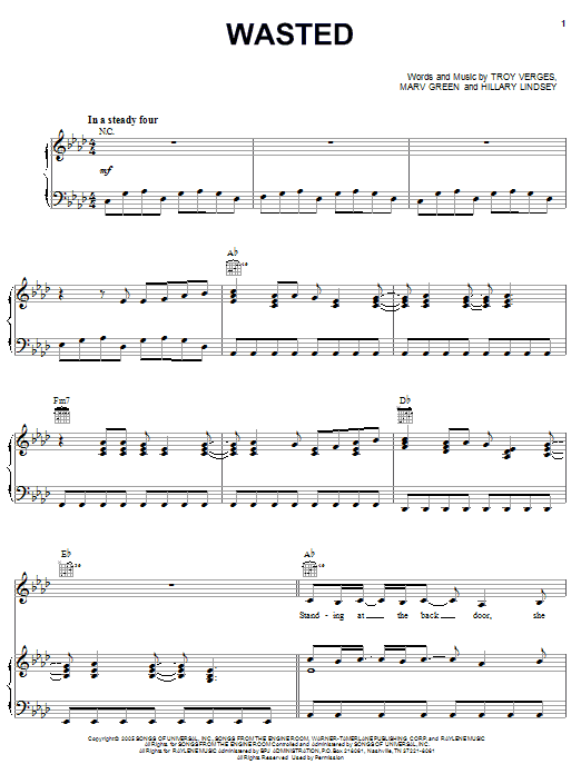 Carrie Underwood Wasted sheet music notes and chords arranged for Piano, Vocal & Guitar Chords (Right-Hand Melody)