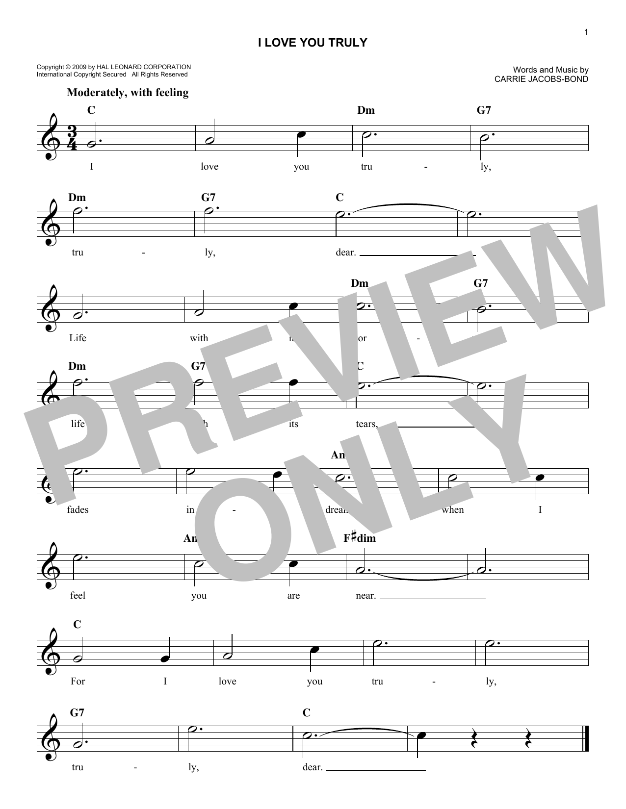 Carrie Jacobs-Bond I Love You Truly sheet music notes and chords. Download Printable PDF.