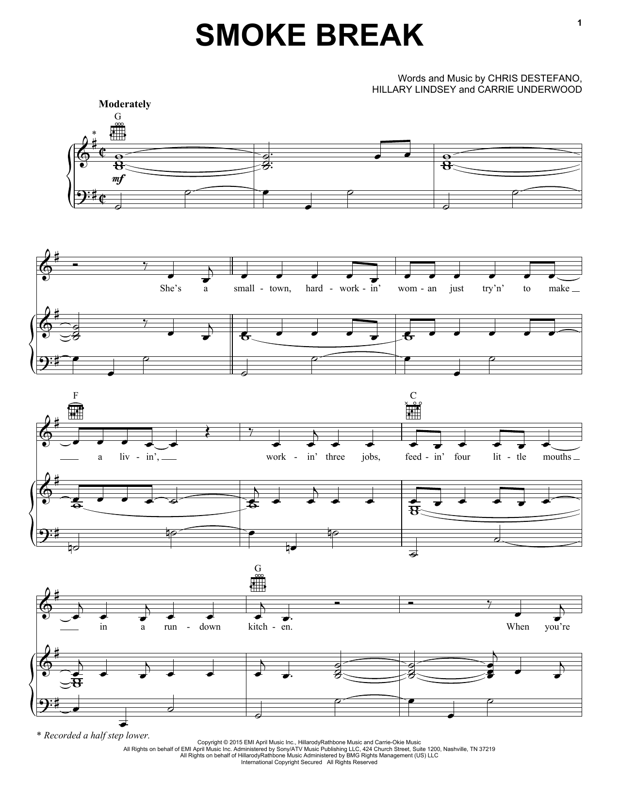 Carrie Underwood Smoke Break sheet music notes and chords arranged for Piano, Vocal & Guitar Chords (Right-Hand Melody)