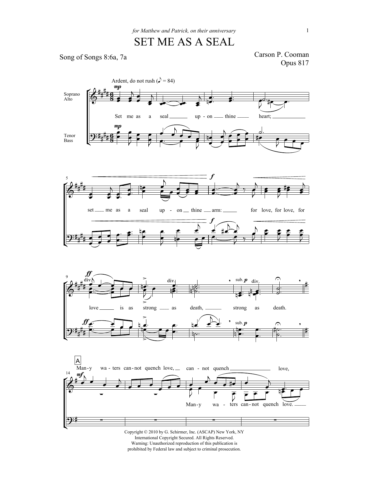 Carson Cooman Set Me As a Seal sheet music notes and chords arranged for SATB Choir
