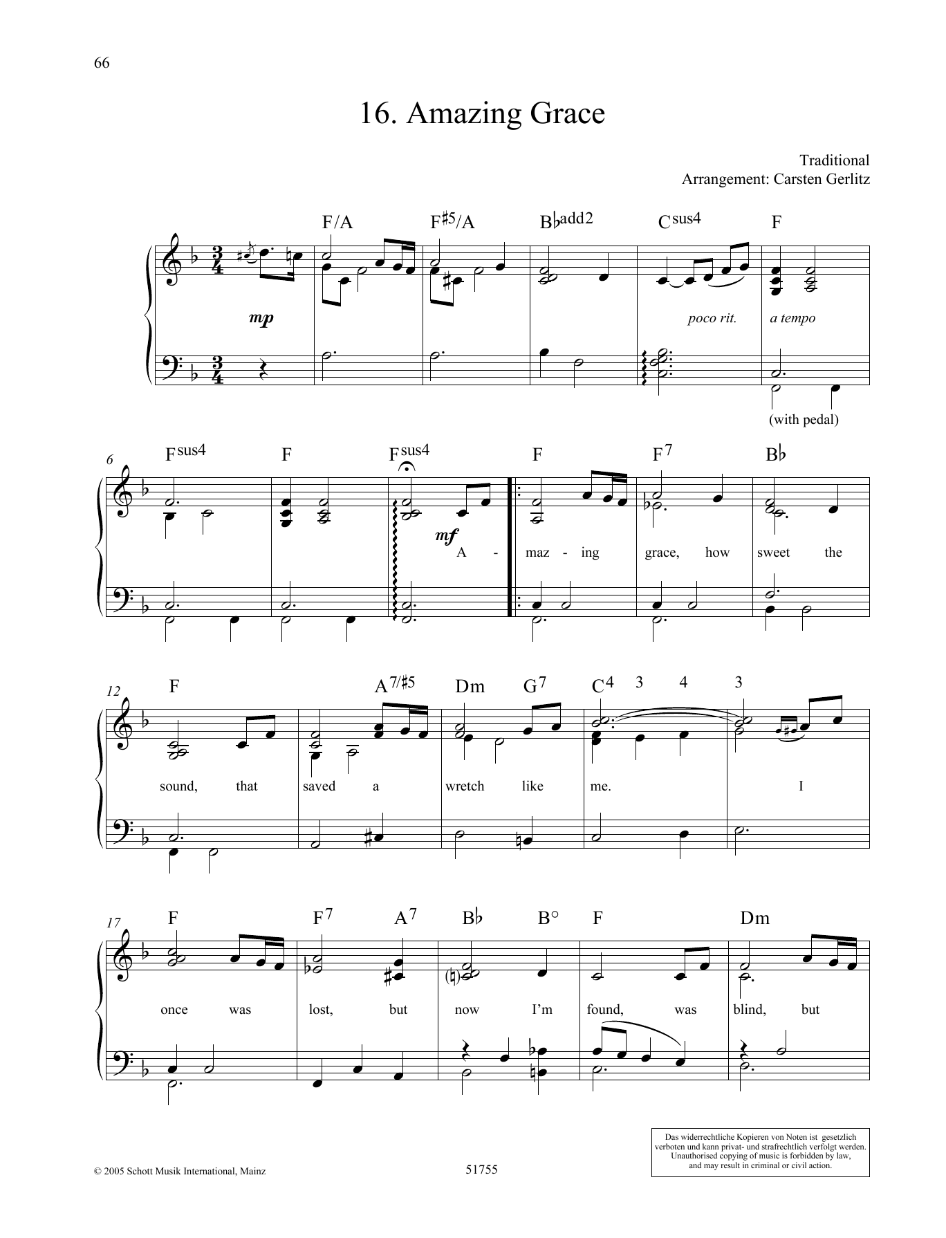 Carsten Gerlitz Amazing Grace sheet music notes and chords arranged for Piano Solo