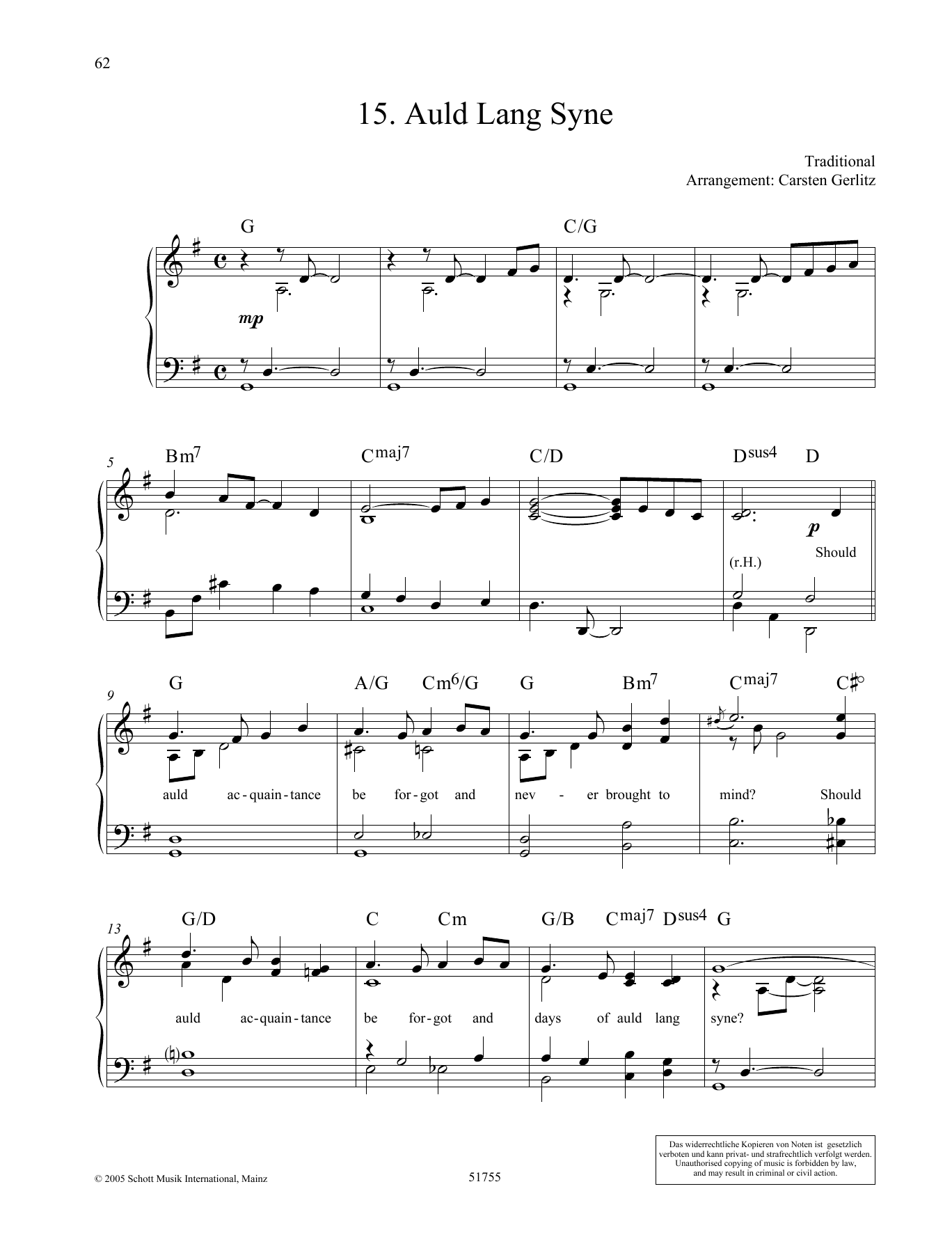 Carsten Gerlitz Auld Lang Syne sheet music notes and chords arranged for Piano Solo