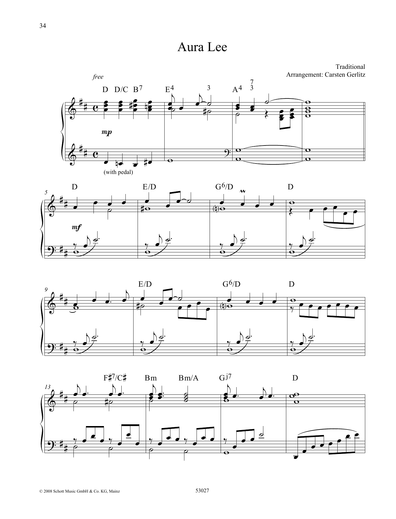 Carsten Gerlitz Aura Lee sheet music notes and chords arranged for Piano Solo