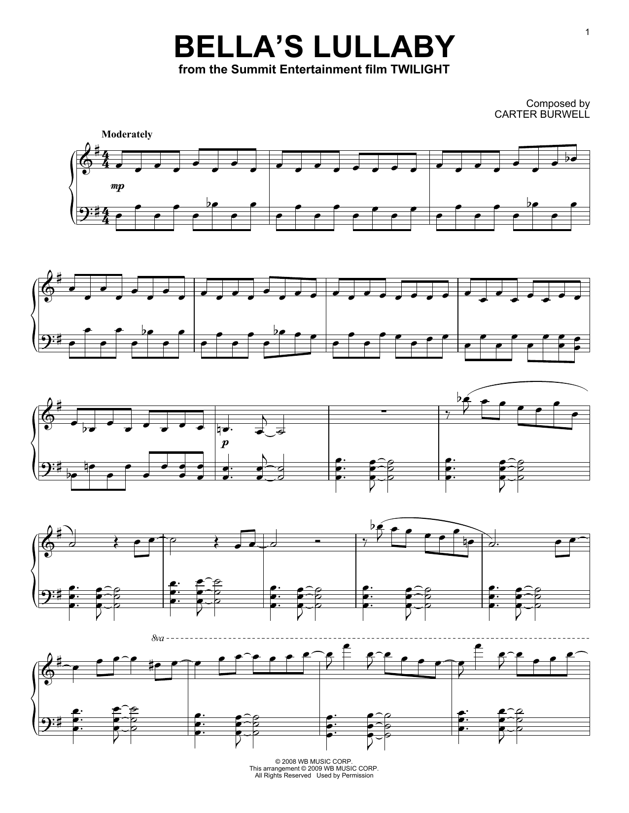Carter Burwell Bella's Lullaby sheet music notes and chords arranged for Piano Solo