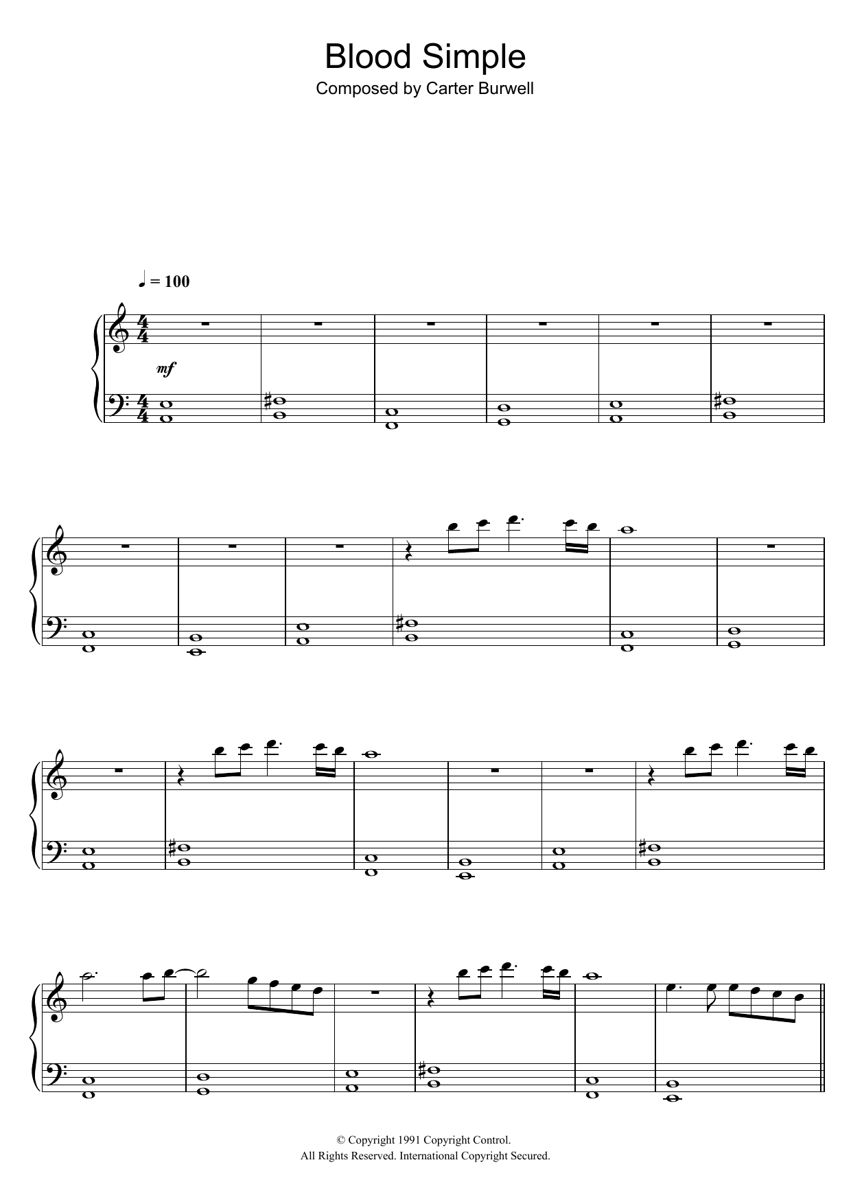 Carter Burwell Blood Simple (from Blood Simple) sheet music notes and chords arranged for Piano Solo