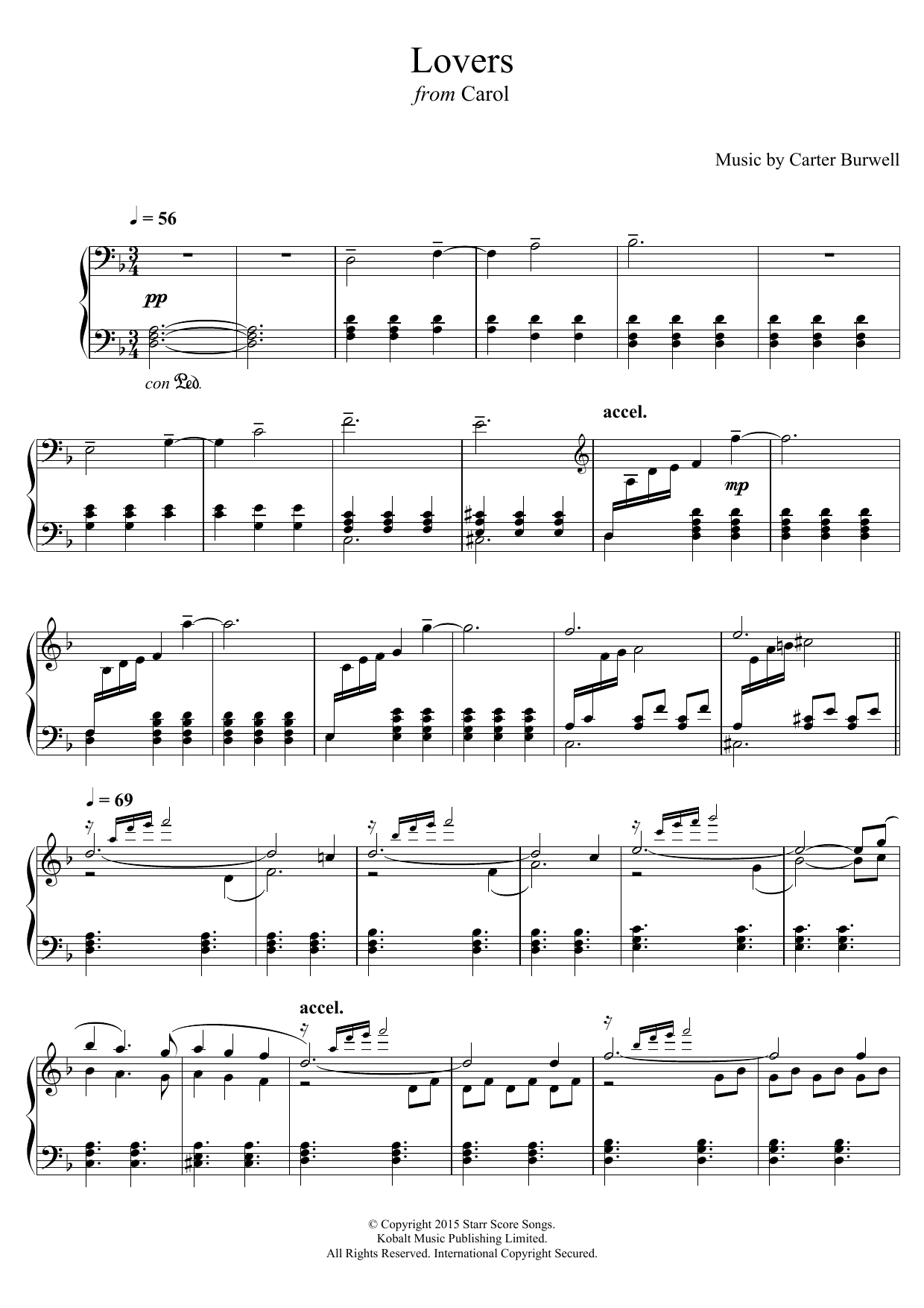Carter Burwell Lovers (from 'Carol') sheet music notes and chords arranged for Piano Solo