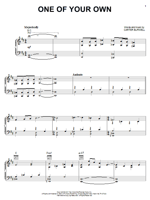Carter Burwell One Of Your Own sheet music notes and chords arranged for Piano, Vocal & Guitar Chords (Right-Hand Melody)