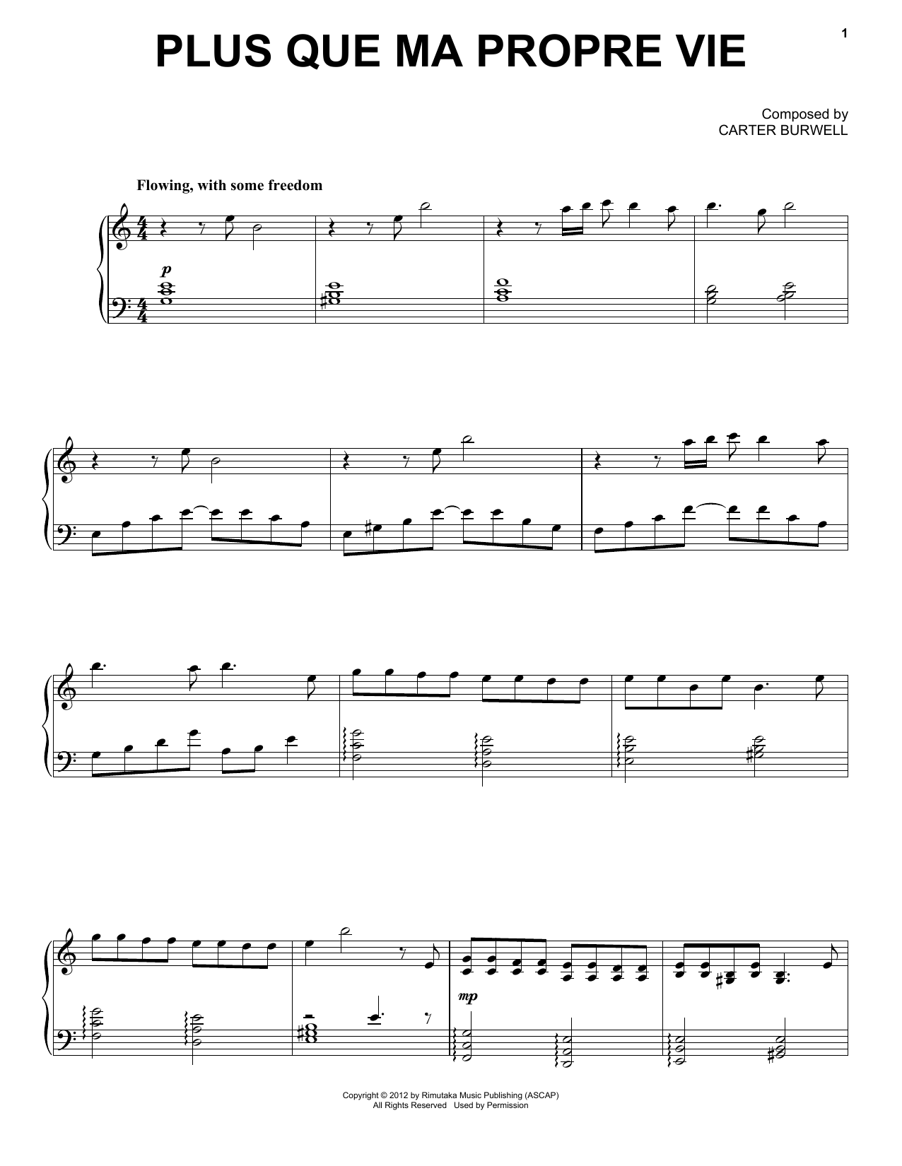 Carter Burwell Plus Que Ma Propre Vie sheet music notes and chords arranged for Piano, Vocal & Guitar Chords (Right-Hand Melody)