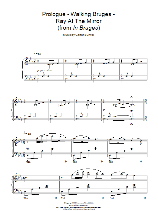 Carter Burwell Prologue - Walking Bruges - Ray At The Mirror sheet music notes and chords arranged for Piano Solo