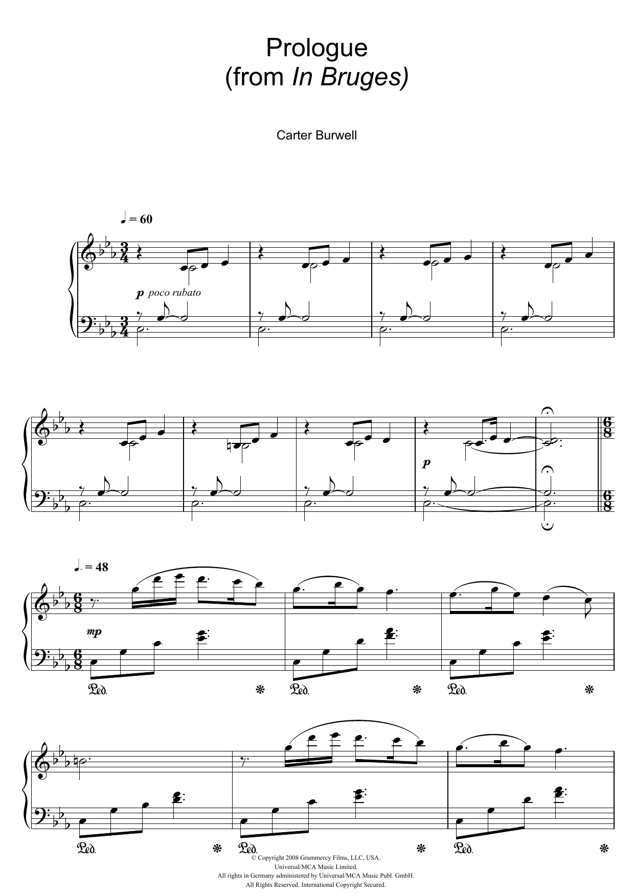 Carter Burwell Prologue (from In Bruges) sheet music notes and chords arranged for Piano Solo