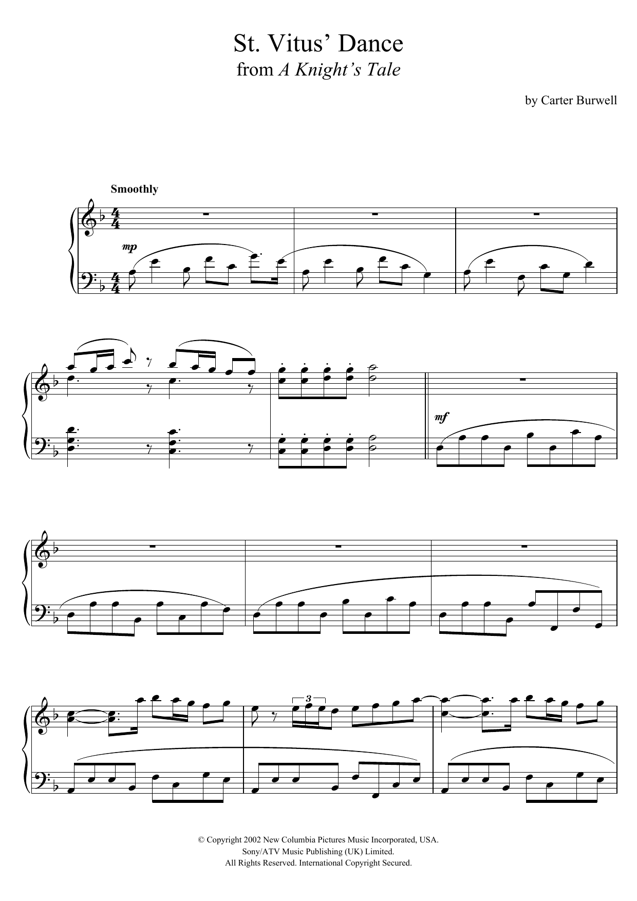 Carter Burwell St. Vitus' Dance (from 'A Knight's Tale') sheet music notes and chords arranged for Piano Solo