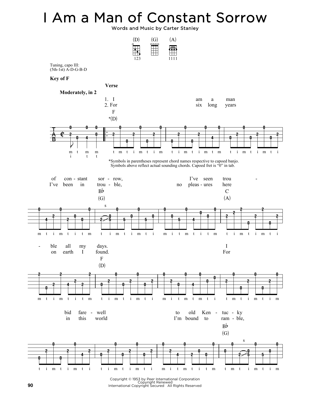 Carter Stanley I Am A Man Of Constant Sorrow sheet music notes and chords arranged for Banjo Tab