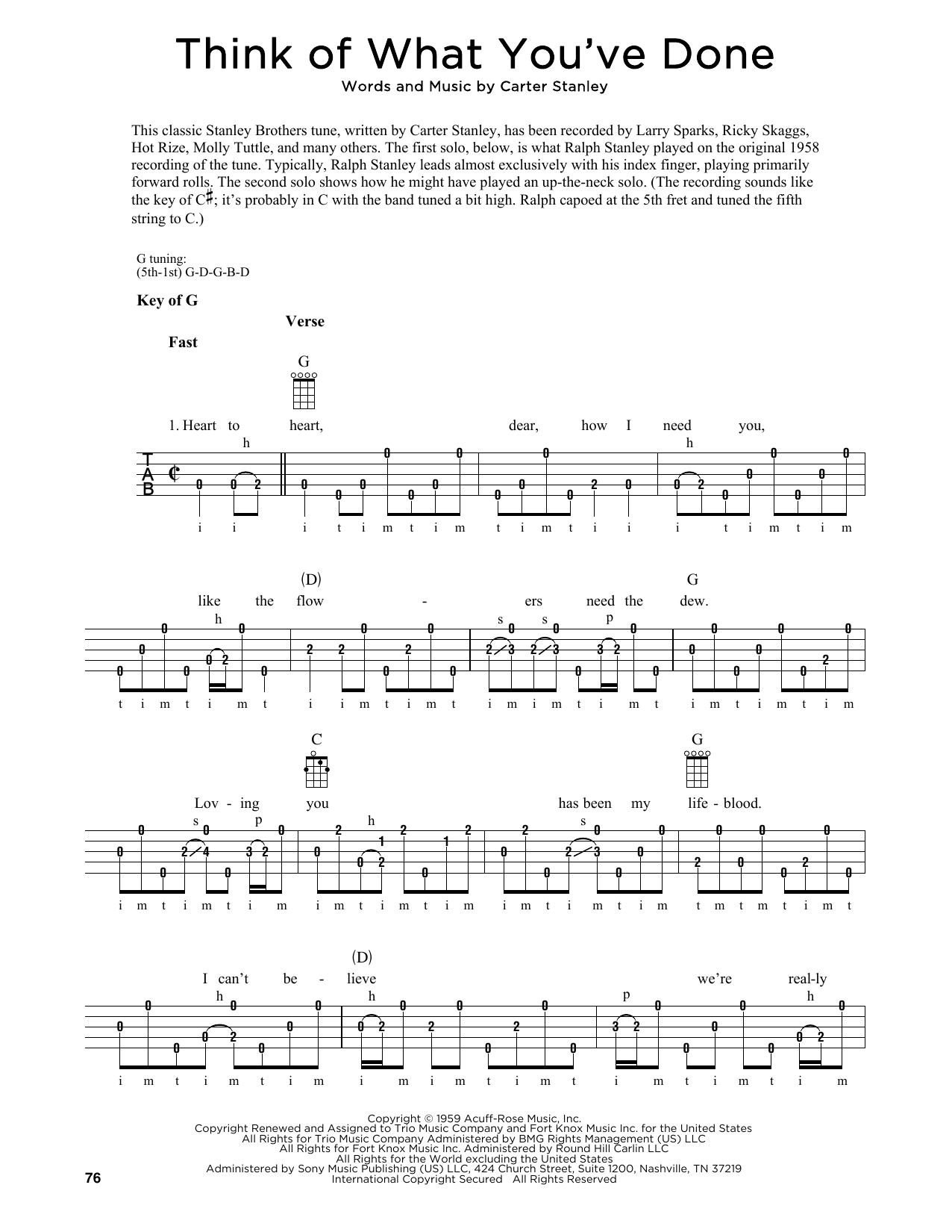 Carter Stanley Think Of What You've Done (arr. Fred Sokolow) sheet music notes and chords arranged for Banjo Tab