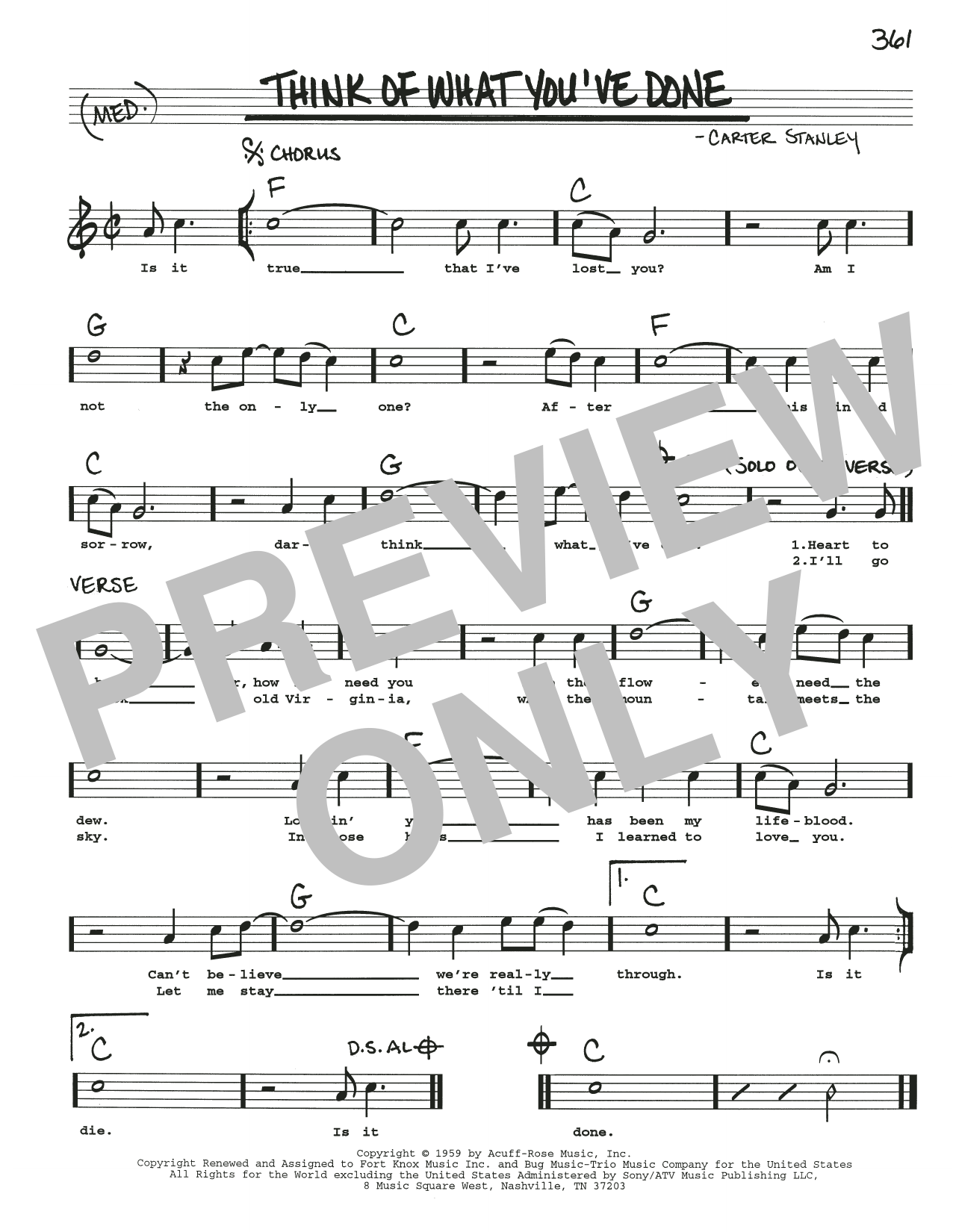 Carter Stanley Think Of What You've Done sheet music notes and chords arranged for Real Book – Melody, Lyrics & Chords