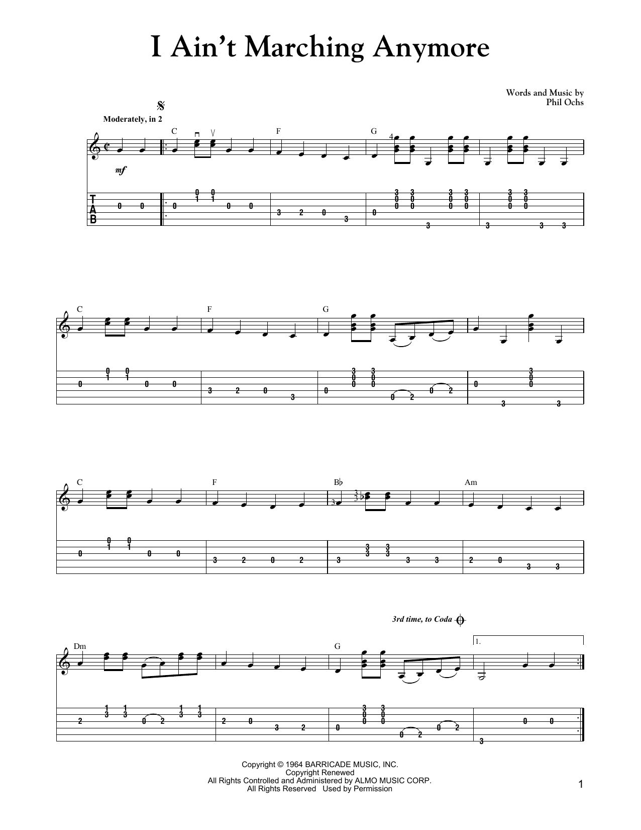 Carter Style Guitar I Ain't Marching Anymore sheet music notes and chords arranged for Solo Guitar