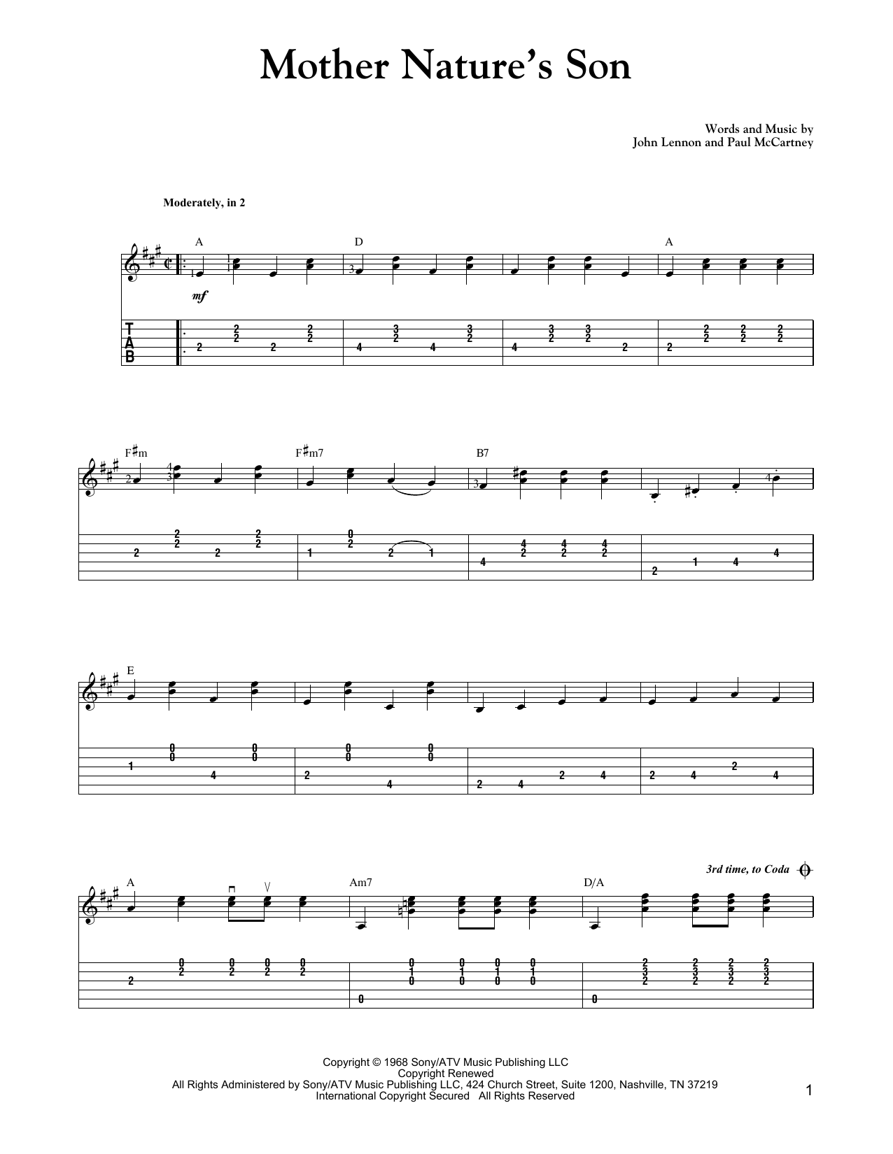 Carter Style Guitar Mother Nature's Son sheet music notes and chords arranged for Solo Guitar