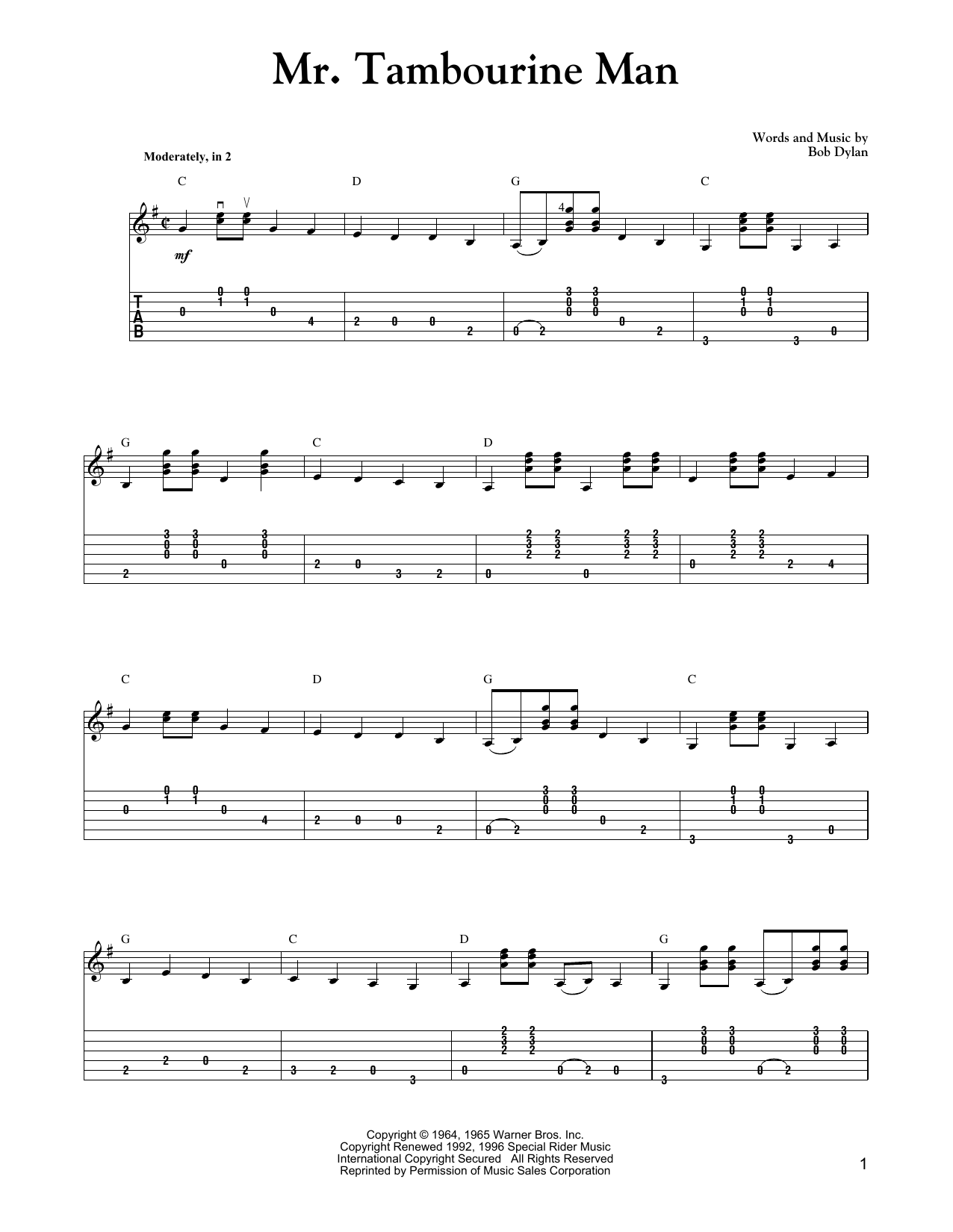 Carter Style Guitar Mr. Tambourine Man sheet music notes and chords arranged for Solo Guitar