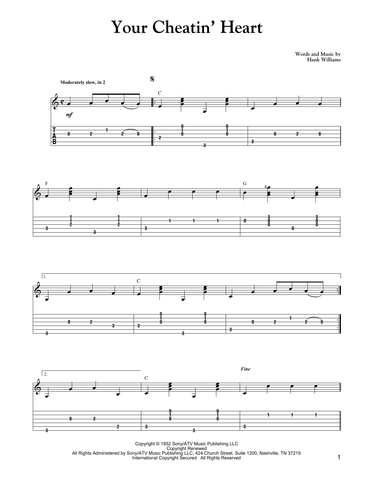 Carter Style Guitar Your Cheatin' Heart sheet music notes and chords arranged for Solo Guitar