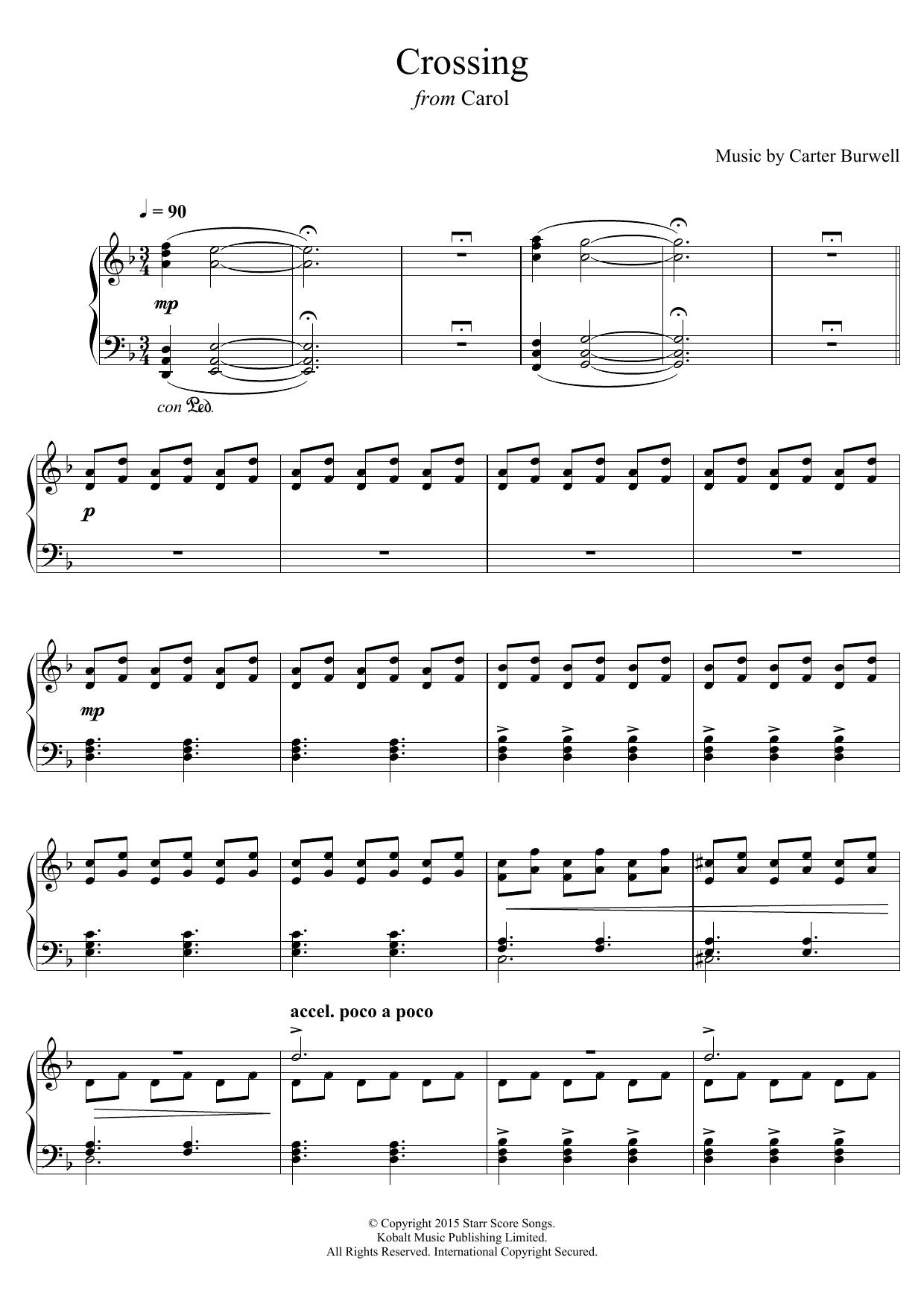 Carter Burwell Crossing (from 'Carol') sheet music notes and chords arranged for Piano Solo