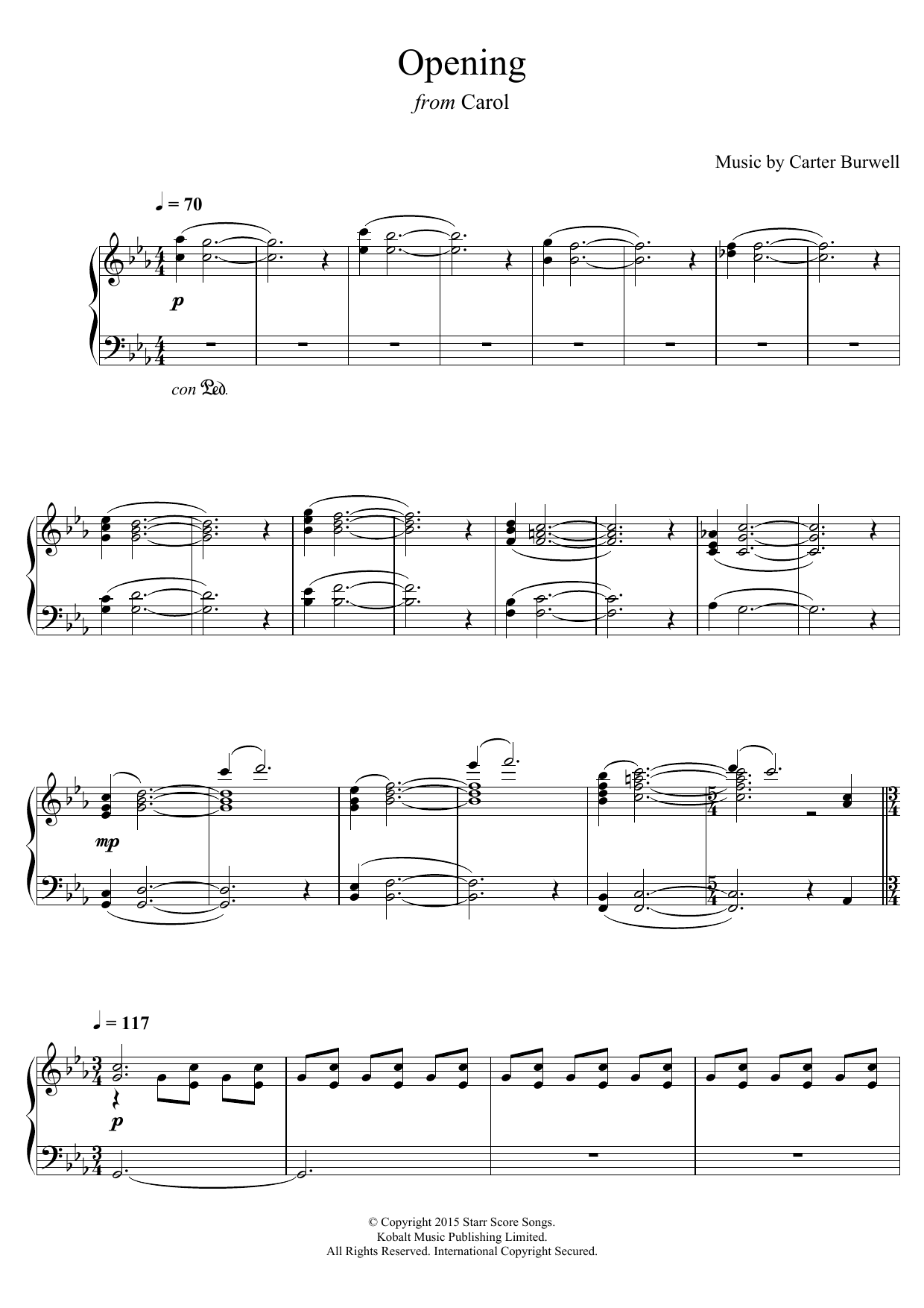 Carter Burwell Opening (from 'Carol') sheet music notes and chords arranged for Piano Solo