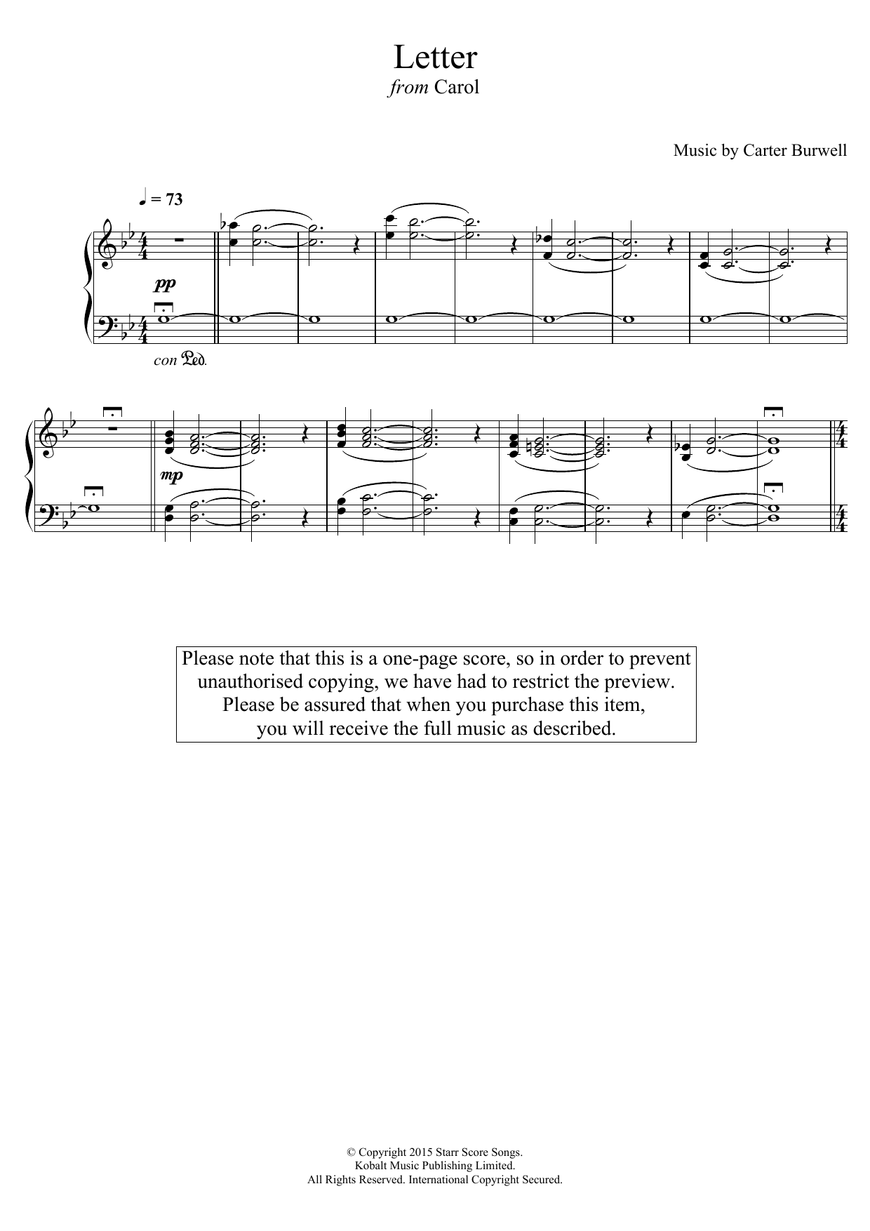 Carter Burwell The Letter (from 'Carol') sheet music notes and chords arranged for Piano Solo