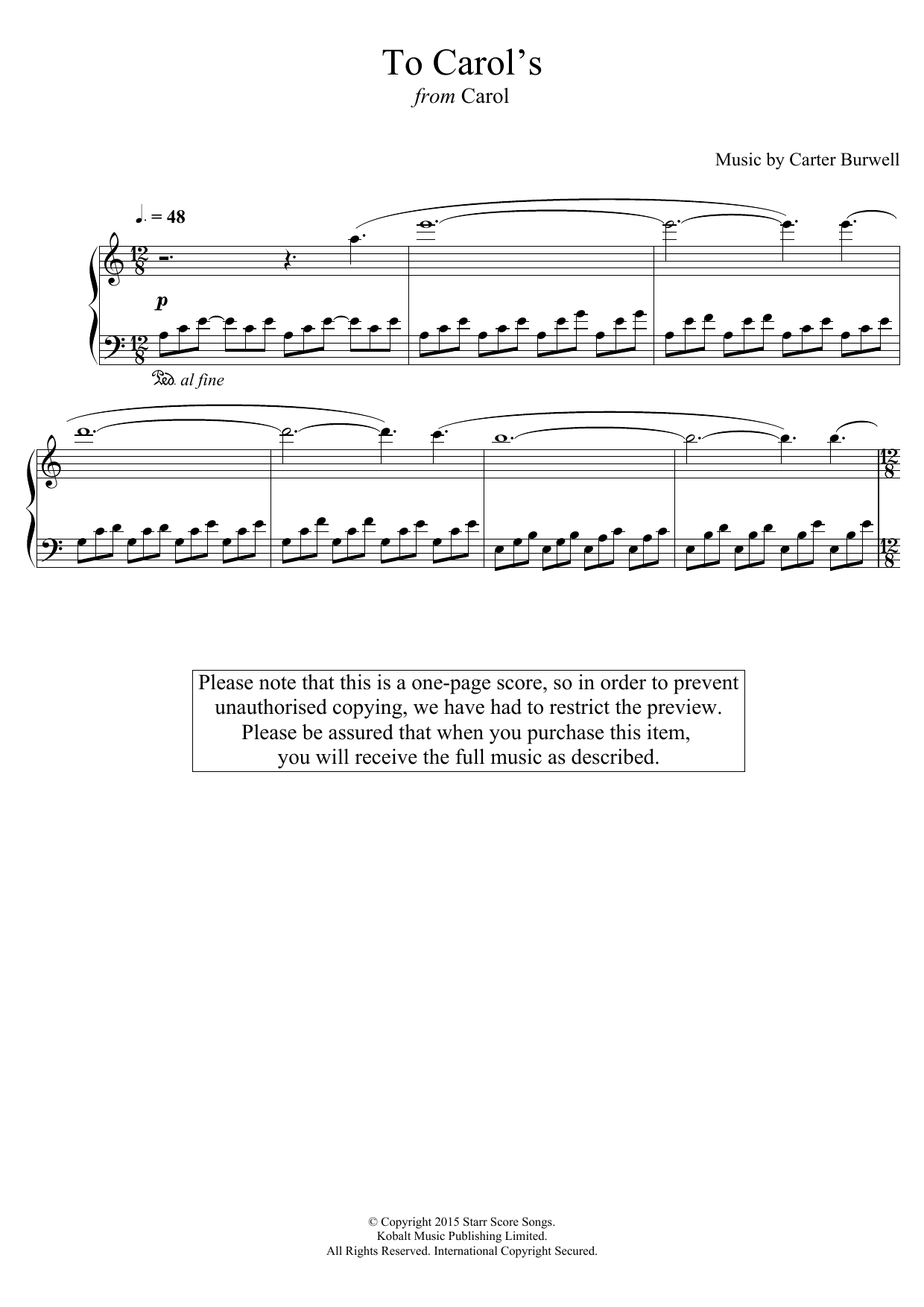 Carter Burwell To Carol's (from 'Carol') sheet music notes and chords arranged for Piano Solo