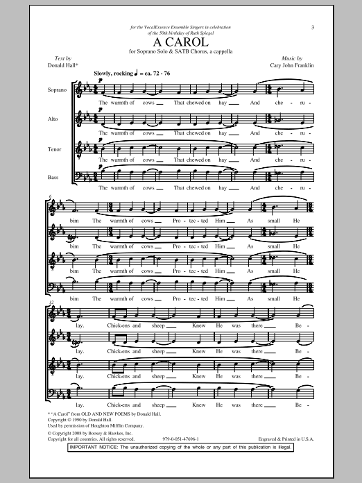 Cary John Franklin A Carol sheet music notes and chords arranged for SATB Choir