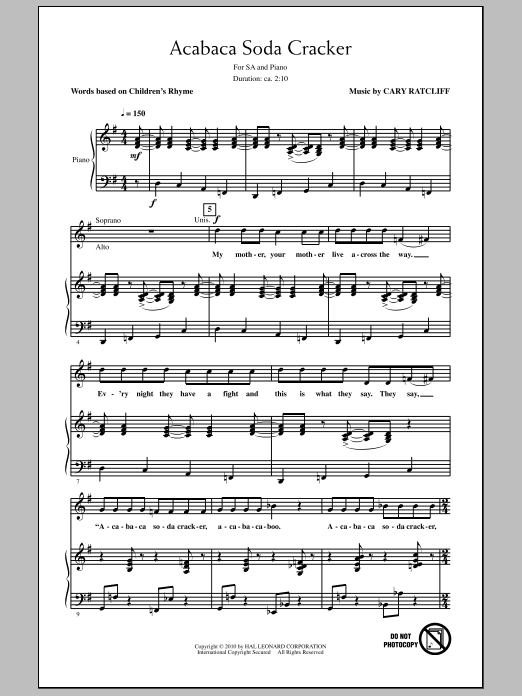 Cary Ratcliff Acabaca Soda Cracker sheet music notes and chords arranged for 2-Part Choir