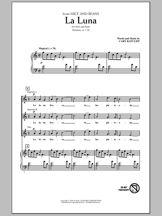 Cary Ratcliff La Luna sheet music notes and chords arranged for SSA Choir