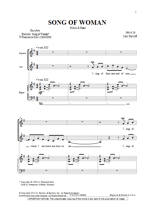 Cary Ratcliff Song Of Woman sheet music notes and chords arranged for SSA Choir