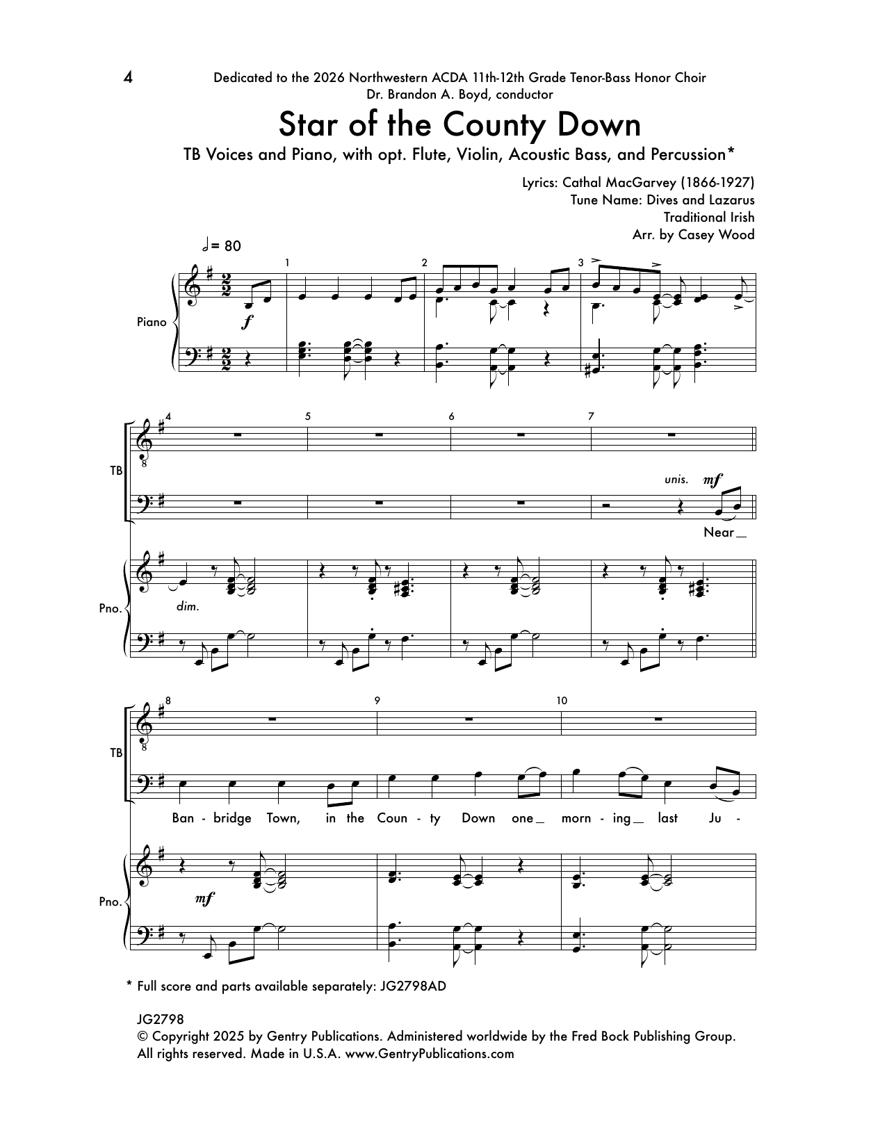Casey Wood Star of the County Down sheet music notes and chords arranged for TB Choir