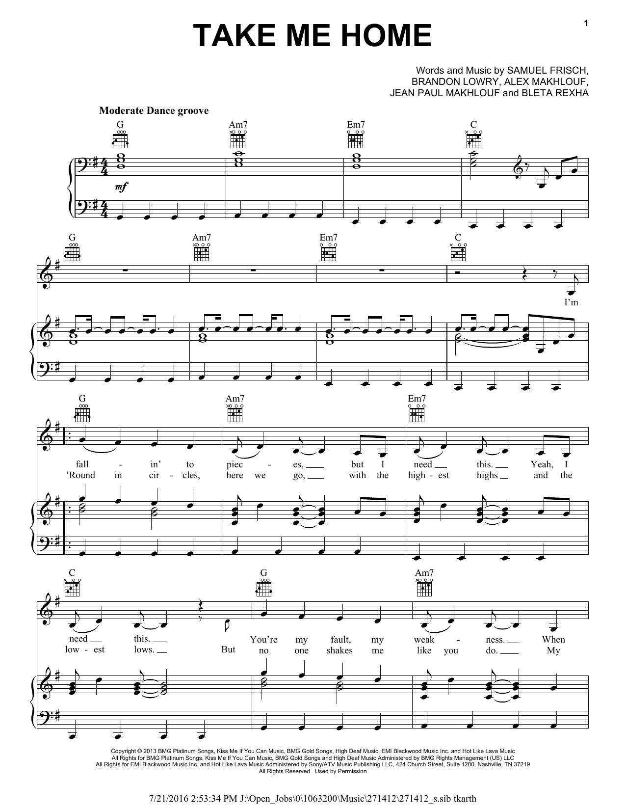 Cash Cash feat. Bebe Rexha Take Me Home sheet music notes and chords arranged for Piano, Vocal & Guitar Chords (Right-Hand Melody)
