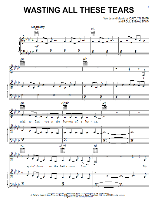 Cassadee Pope Wasting All These Tears sheet music notes and chords arranged for Piano, Vocal & Guitar Chords (Right-Hand Melody)