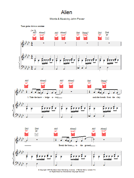 Cast Alien sheet music notes and chords arranged for Piano, Vocal & Guitar Chords