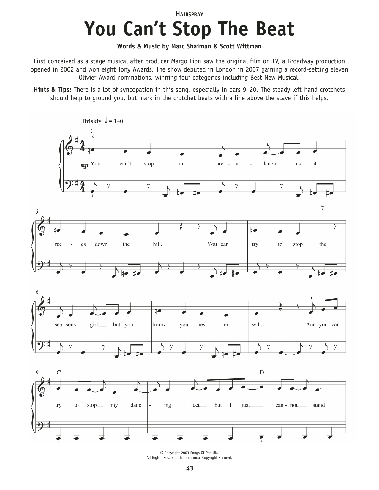 Cast of Hairspray You Can't Stop The Beat (from Hairspray) sheet music notes and chords arranged for Really Easy Piano