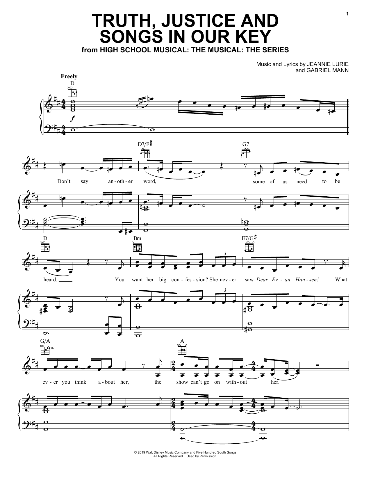 Cast of High School Musical: The Musical: The Series Truth, Justice And Songs In Our Key (from High School Musical: The Musical: The Series) sheet music notes and chords arranged for Piano, Vocal & Guitar Chords (Right-Hand Melody)