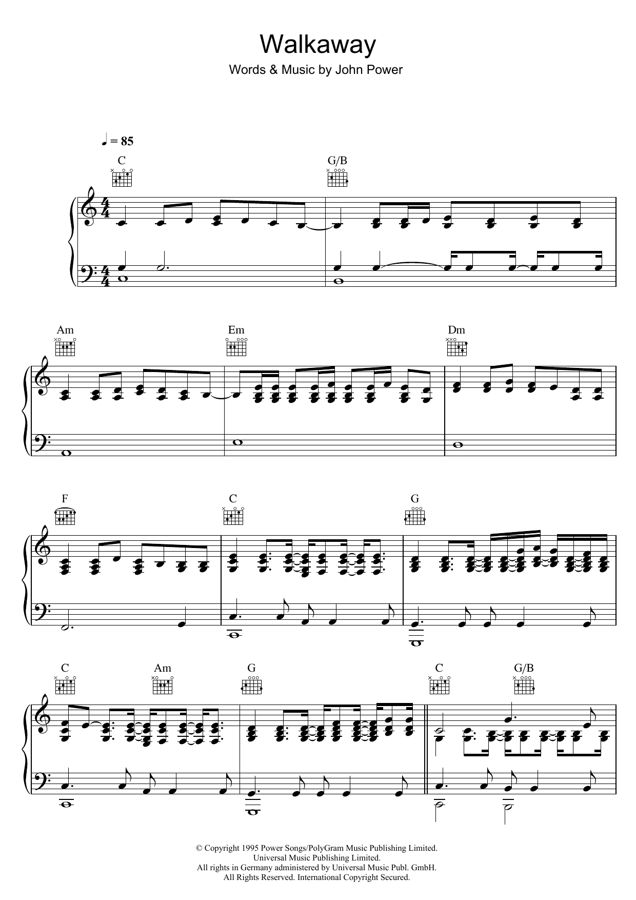 Cast Walkaway sheet music notes and chords arranged for Piano, Vocal & Guitar Chords