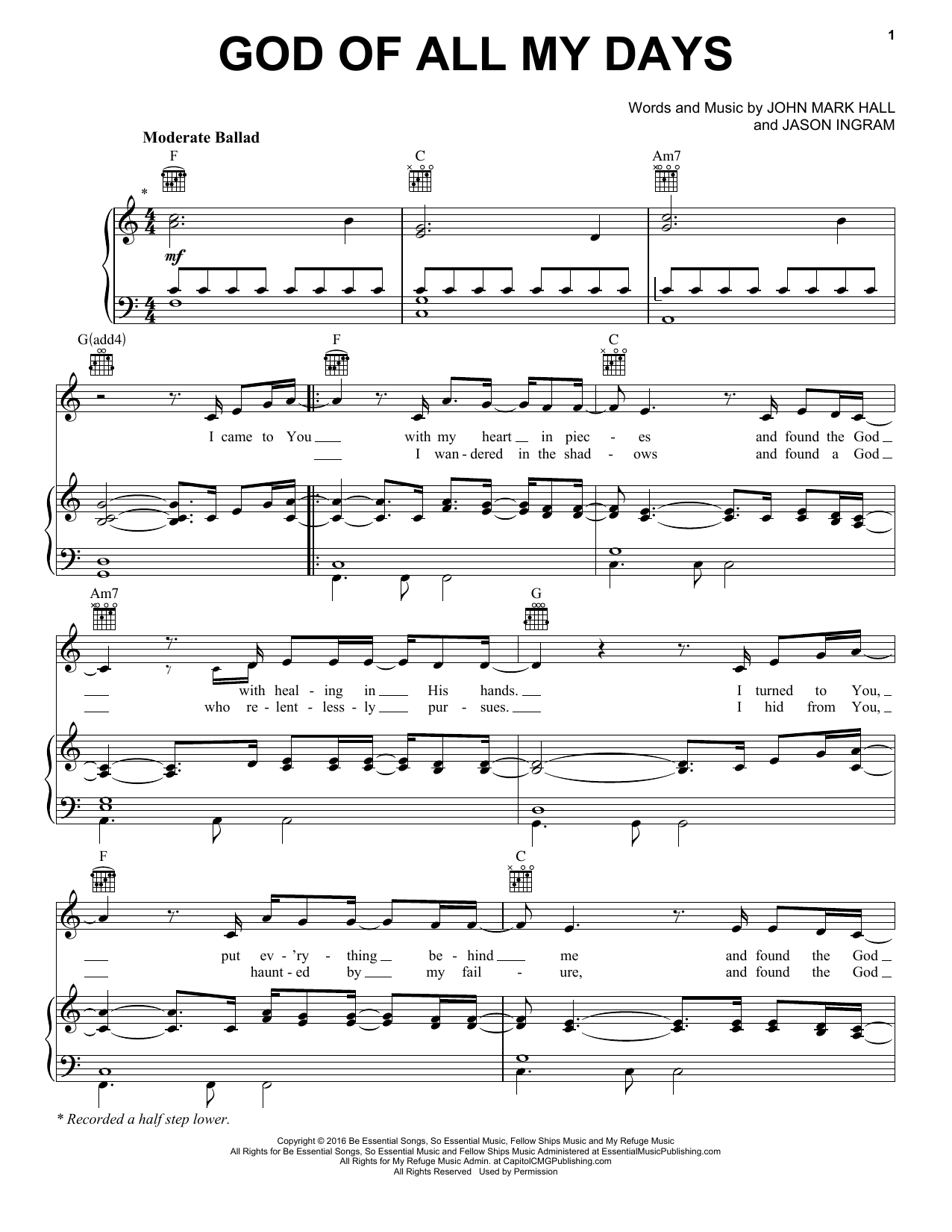 Casting Crowns God Of All My Days sheet music notes and chords arranged for Piano, Vocal & Guitar Chords (Right-Hand Melody)